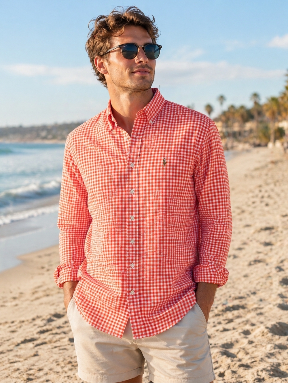 Polo Ralph Lauren Orange And White Plaid Button Down Shirt EUC